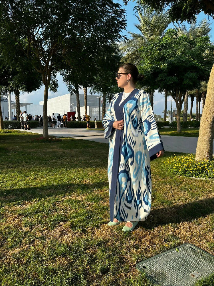 Navy Blue-White Ikat Kimono