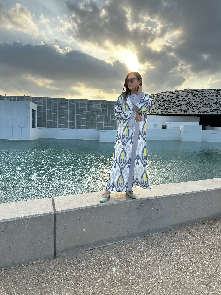 Gray Yellow Ikat Kimono