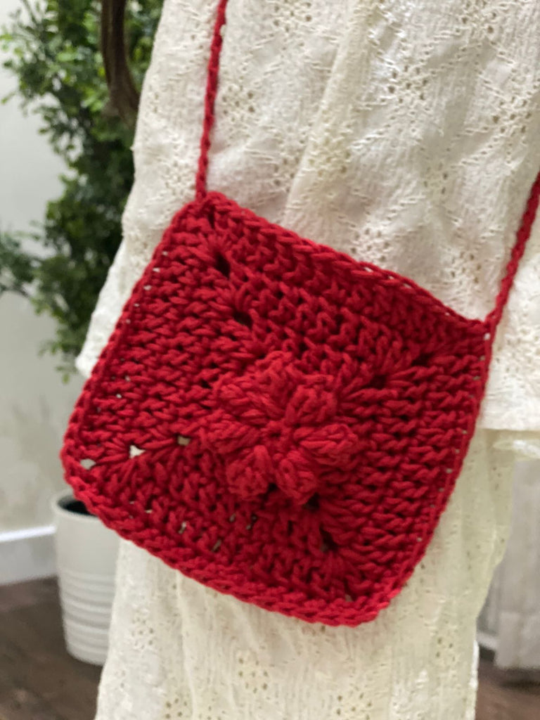 red crochet bag