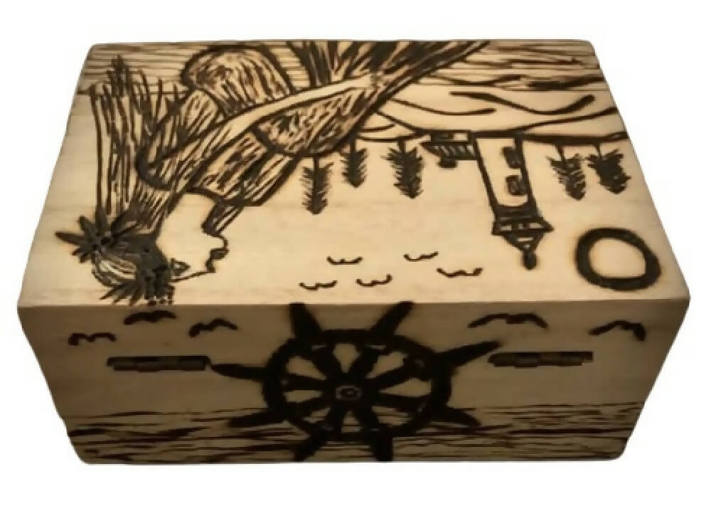 Handmade Pyrography (Wood Burned) And Carved Box. “Marine Box”