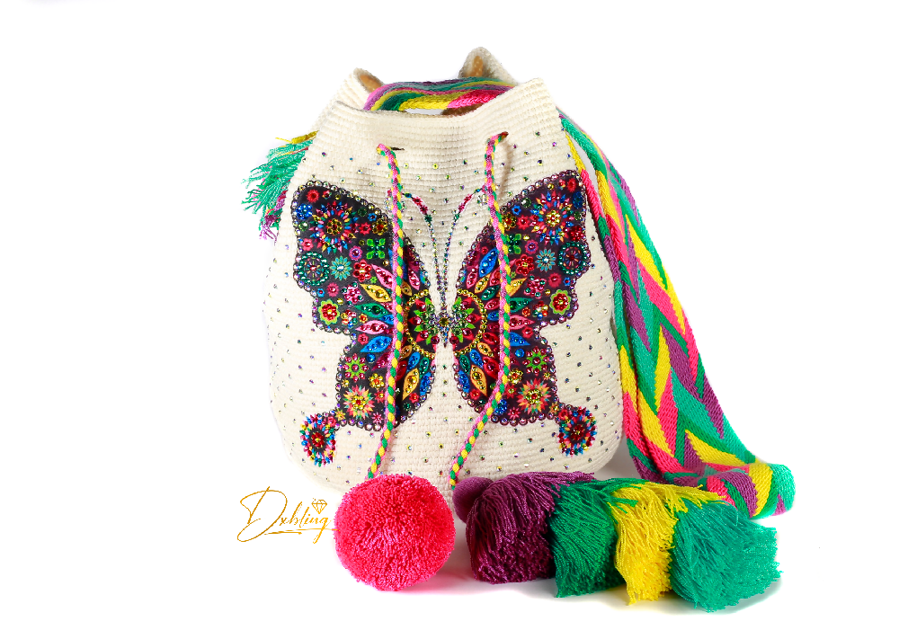 Butterfly handmade crocheted bag decorated with luxury cristals
