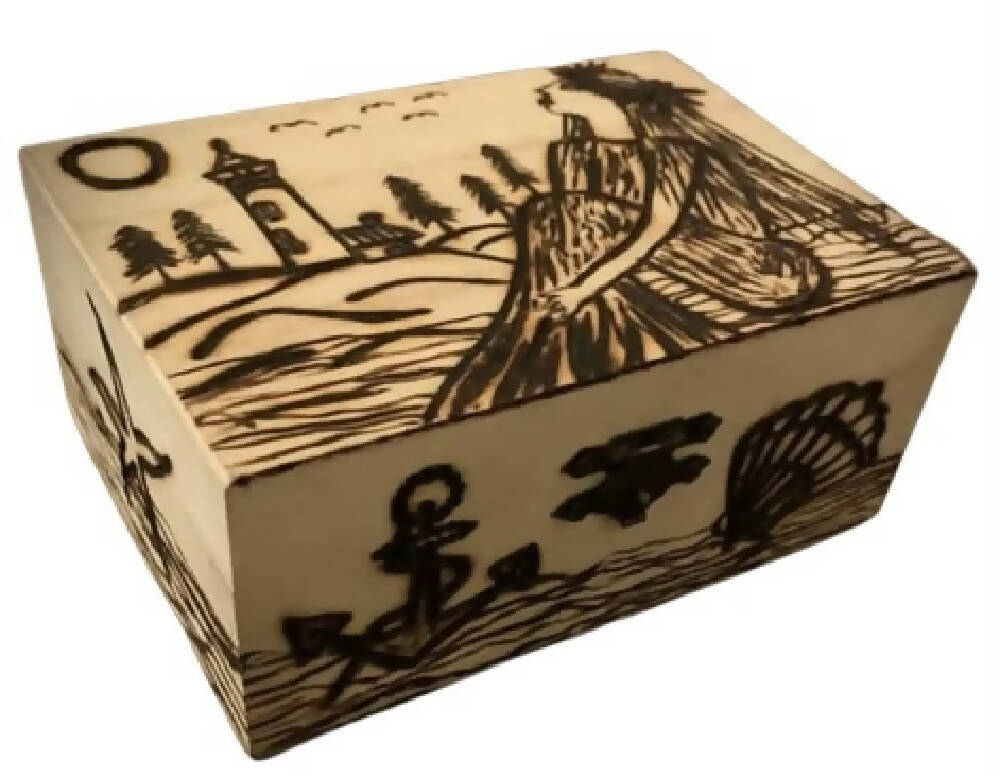 Handmade Pyrography (Wood Burned) And Carved Box. “Marine Box”