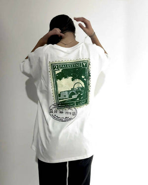 Oversized Fit Palestine Green Postage Stamp T-Shirt -White