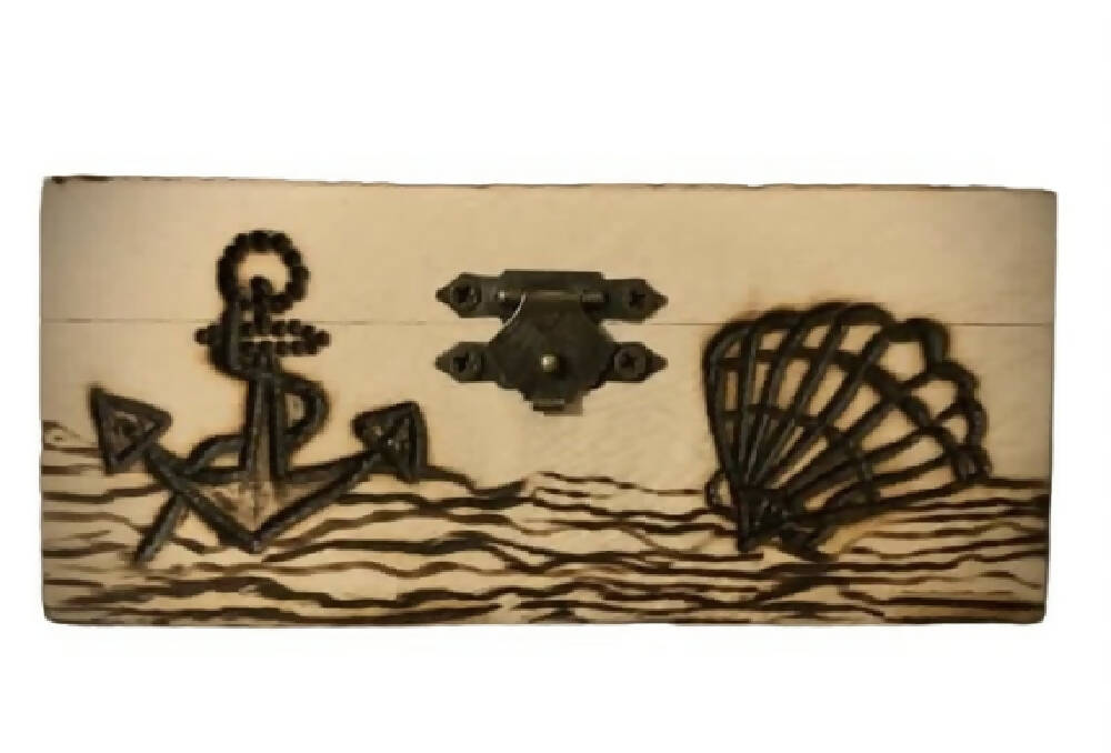Handmade Pyrography (Wood Burned) And Carved Box. “Marine Box”