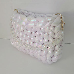 Crochet chunky iridescent white tote bag