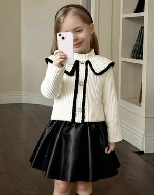 Pearl Collar Monochrome Skirt Set