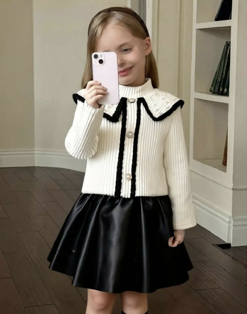 Pearl Collar Monochrome Skirt Set