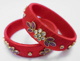 Silk Thread Bangle Set with Kundan Stones - Red