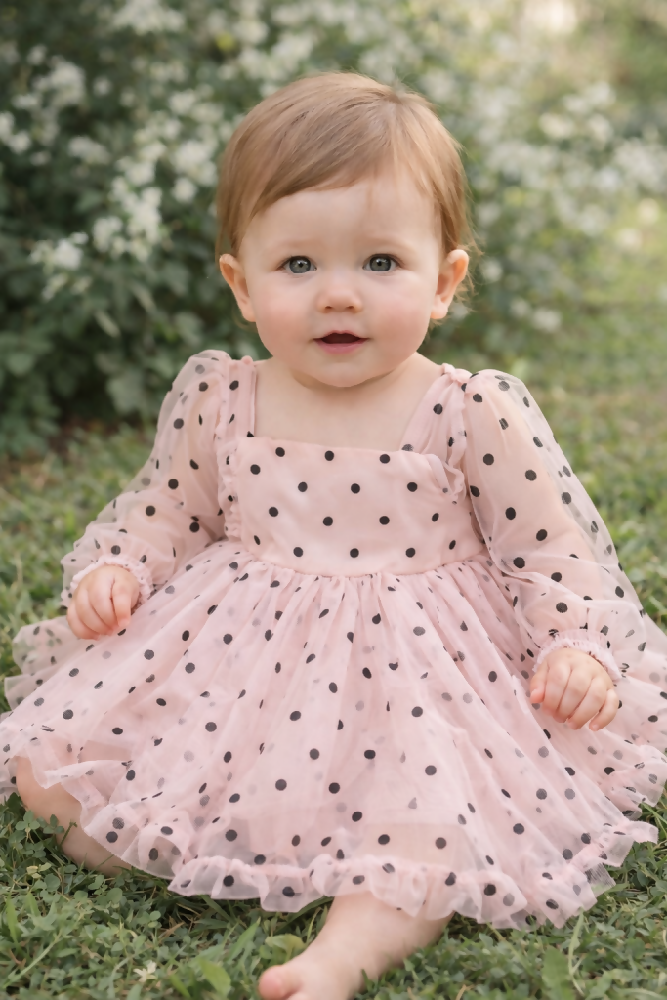 Baby Girl Polka Dot Tulle Dress – Long Sleeve Pink Party Dress for Toddlers | Elegant Kids Occasion Wear