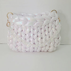 Crochet chunky iridescent white tote bag