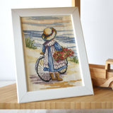 Framed cross-stitch - Girl with bicycle (AB182)