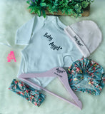 Personalized Newborn Baby Onesie, Headband, turban and hanger