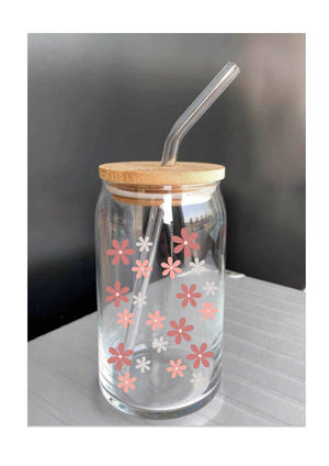 Glass Bottle with Straw and Bamboo Lid "flowers"