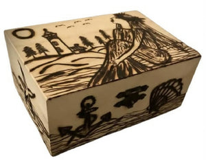 Handmade Pyrography (Wood Burned) And Carved Box. “Marine Box”