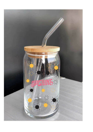 Glass Bottle with Straw and Bamboo Lid " Sunshine "